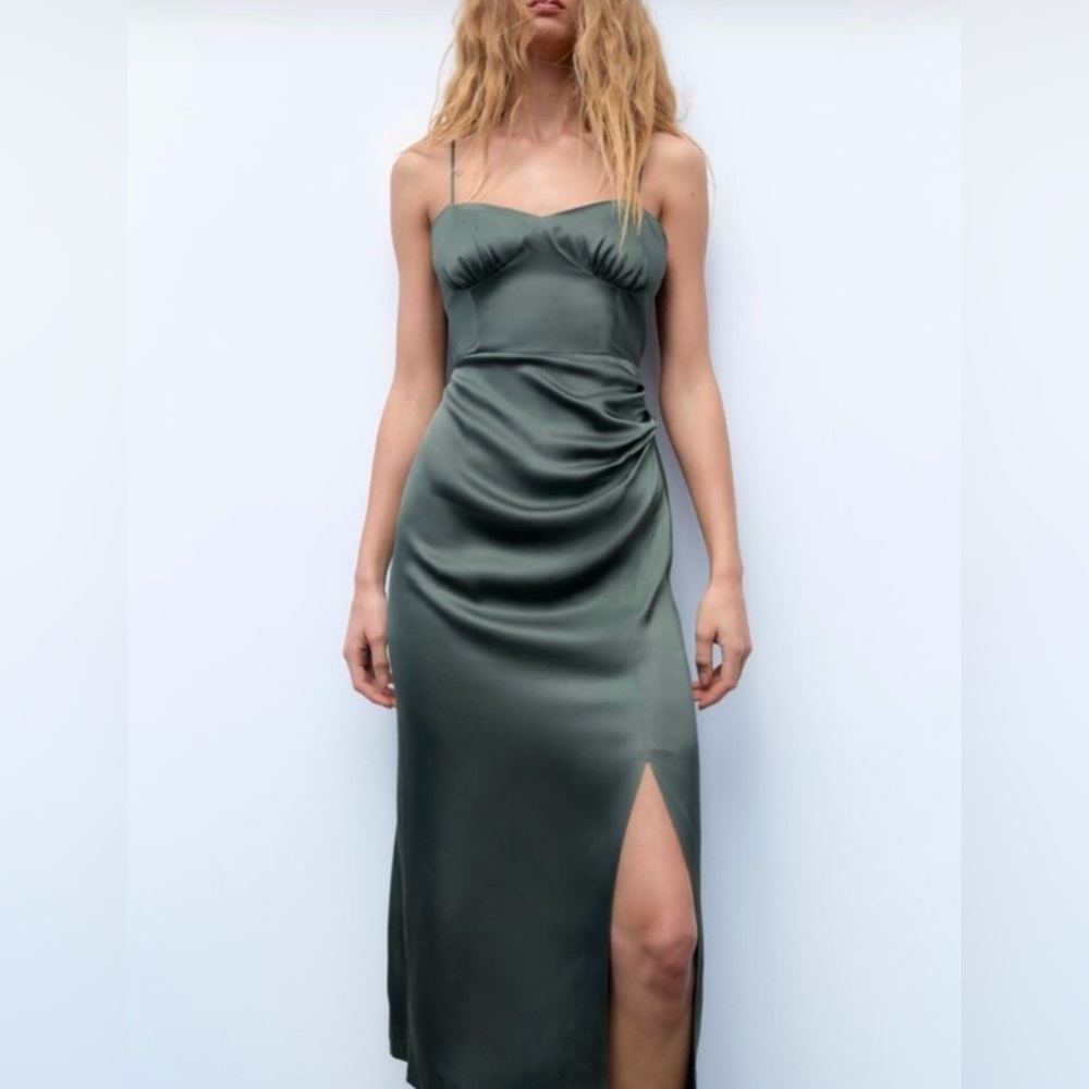 Zara Olive Green Asymmetrical Satin Slip Dress - Picture 2 of 12